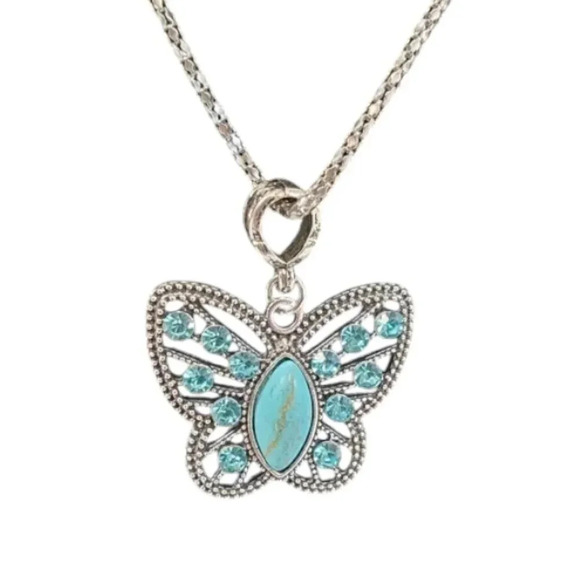 Blue Butterfly Rhinestone Earrings and Necklace Set - Picture 2 of 7